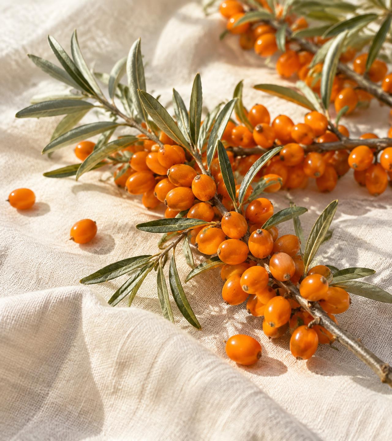 Branches of vibrant orange sea buckthorn berries with silvery leaves on ivory linen in sunlight