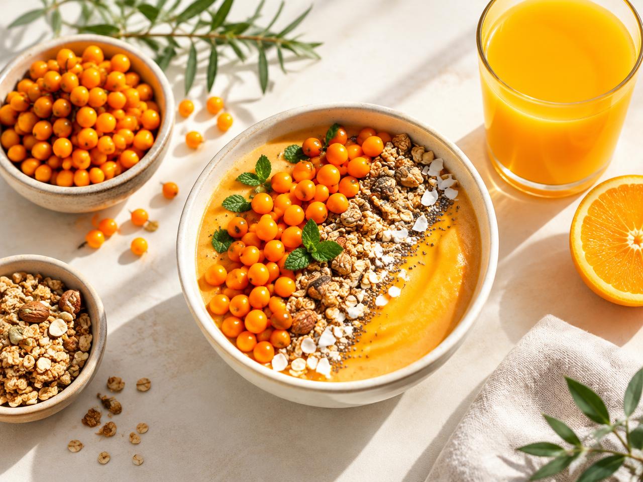 Smoothie bowl topped with sea buckthorn berries next to a glass of juice