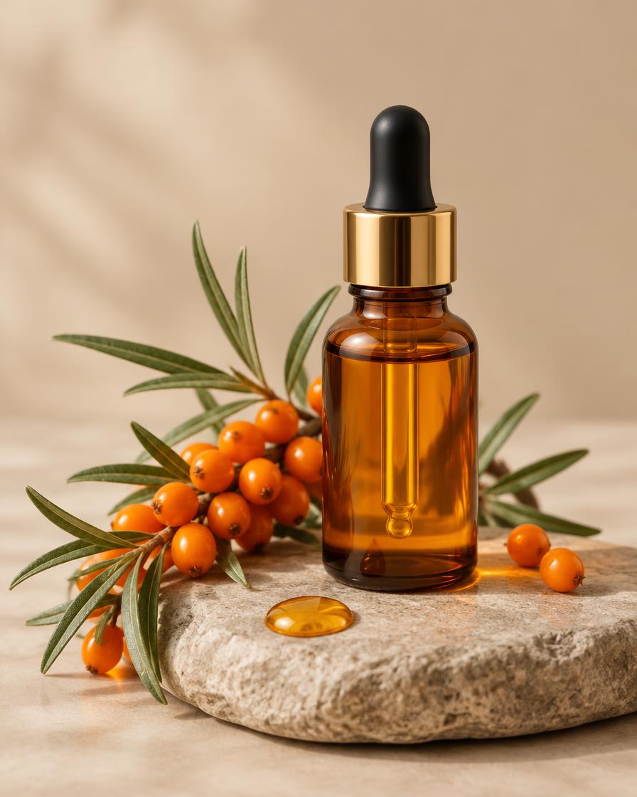 Amber dropper bottle of golden oil next to a sprig of sea buckthorn berries