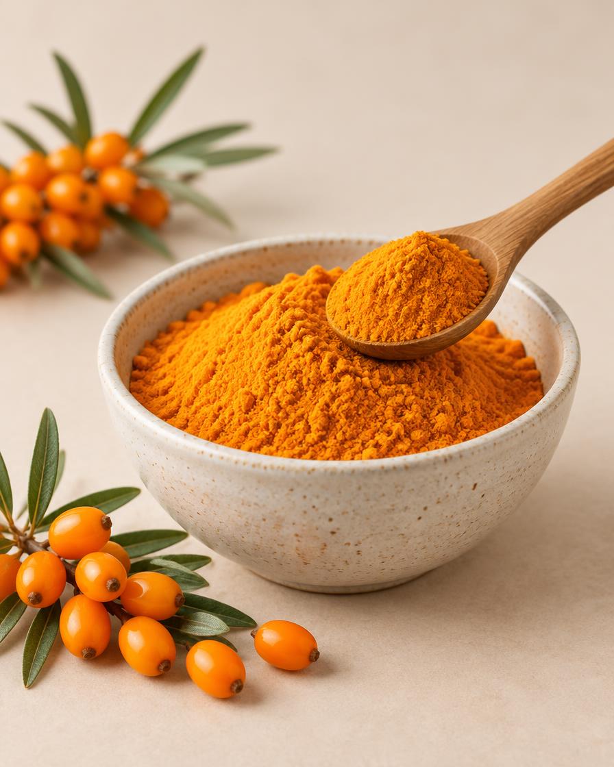 Wooden spoon scooping orange sea buckthorn berry powder from a bowl